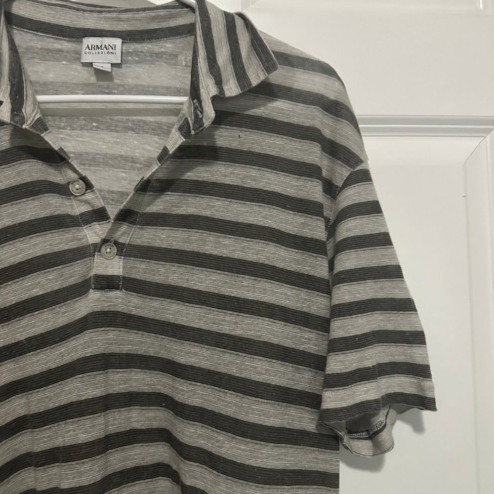 Armani Collezioni Gray Striped 100% Linen Relaxed Polo Shirt